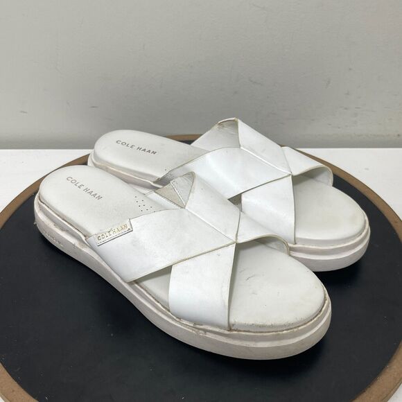 Cole Haan White Leather Criss Cross Platform Slide Sandals Casual Women 10 B - Picture 2 of 11
